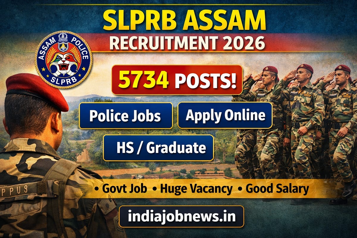 SLPRB Assam Recruitment 2026 thumbnail highlighting 5734 police vacancies with apply online details at indiajobnews.in