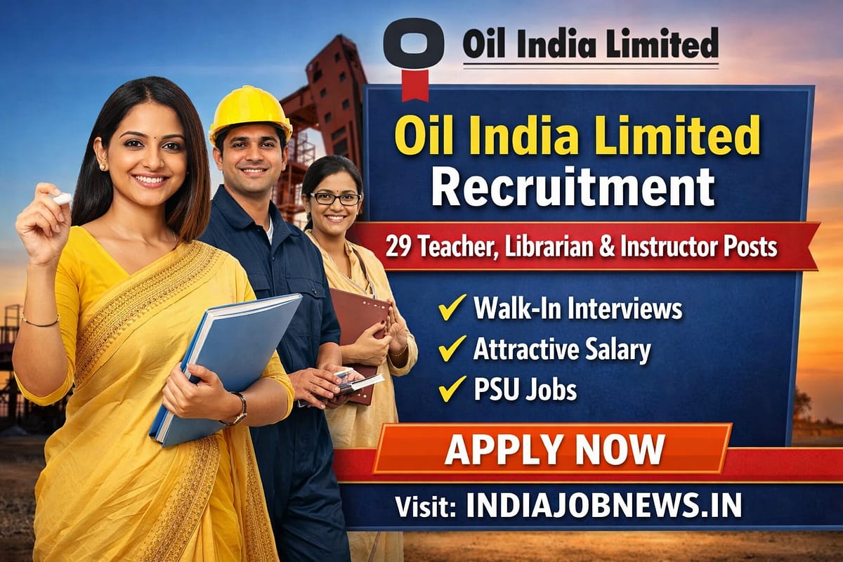 Oil India Limited Recruitment 2026 thumbnail showing 29 Teacher, Librarian and Instructor vacancies with apply now text
