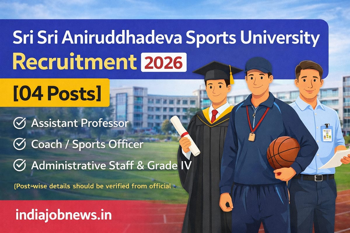 Sri Sri Aniruddhadeva Sports University Recruitment 2026 thumbnail showing 04 posts including Assistant Professor, Coach, Administrative Staff and Grade IV with indiajobnews.in link