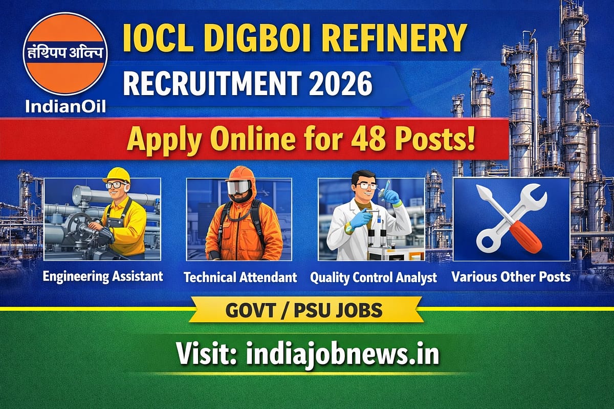 IOCL Digboi Refinery Recruitment 2026 thumbnail showing apply online for 48 posts with indiajobnews.in link