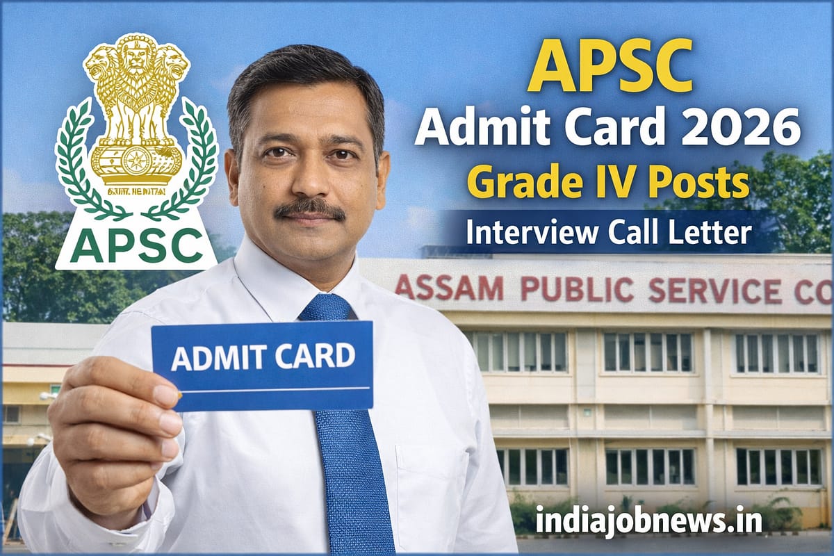 APSC Admit Card 2026 Grade IV posts interview call letter thumbnail showing candidate holding admit card and APSC office building with indiajobnews.in